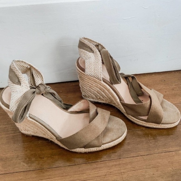 J. Crew Lace Up Leather Canvas Espadrilles Wedges Forrest Green Womens Size 10 - Picture 3 of 6